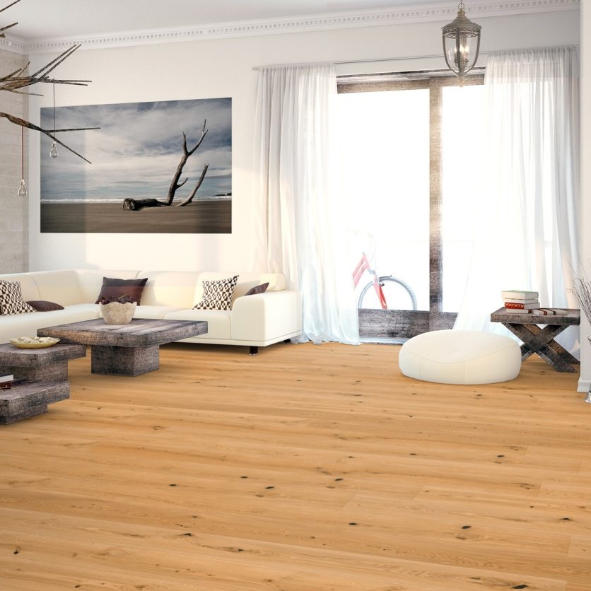 Kingswood Natural Oak in Rustic Grade Lacquered Engineered Wood Flooring Installed in a Spacious Living Room