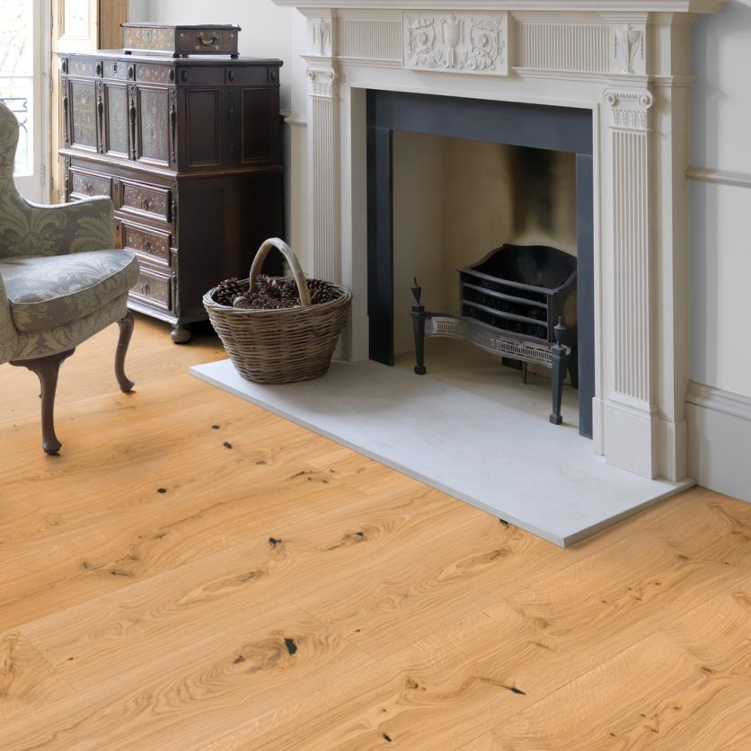 Kingswood Natural Oak in Rustic Grade Brush & UV Oiled Engineered Wood Flooring Installed in Living Room with a Fireplace