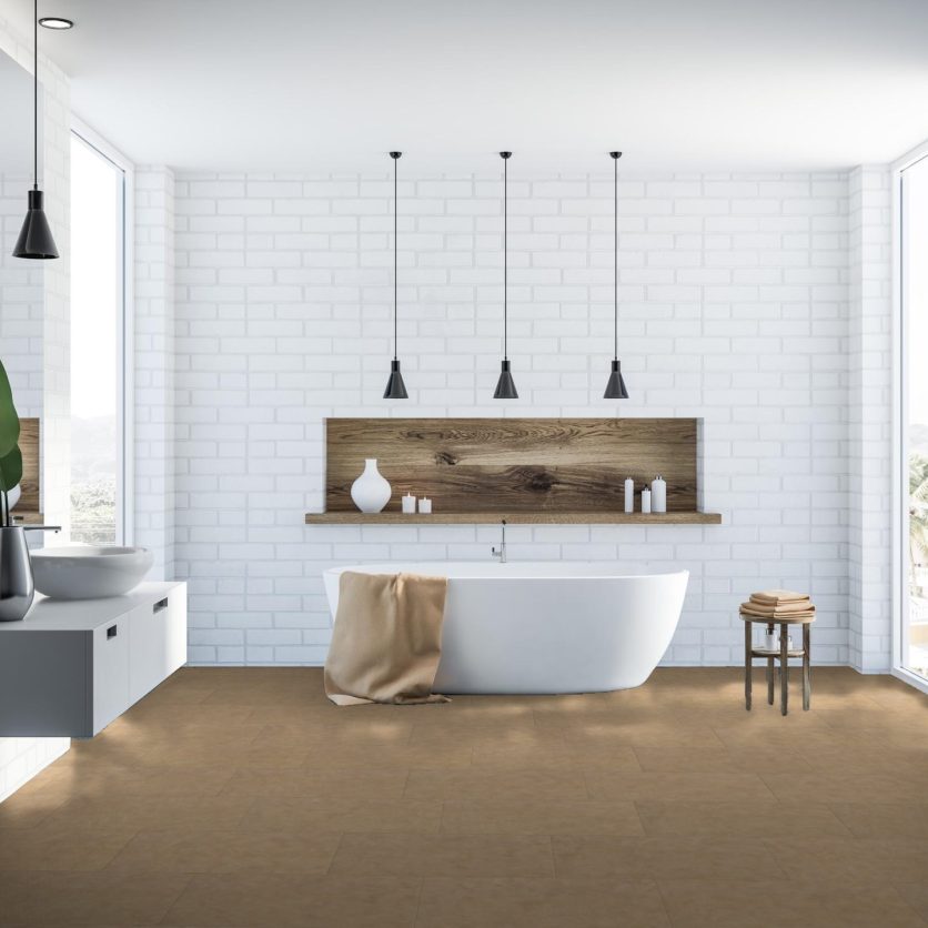 Pro-Tek™ Editions Tiles Beige Travetine Luxury Vinyl Click Flooring Installed in a Large Bathroom