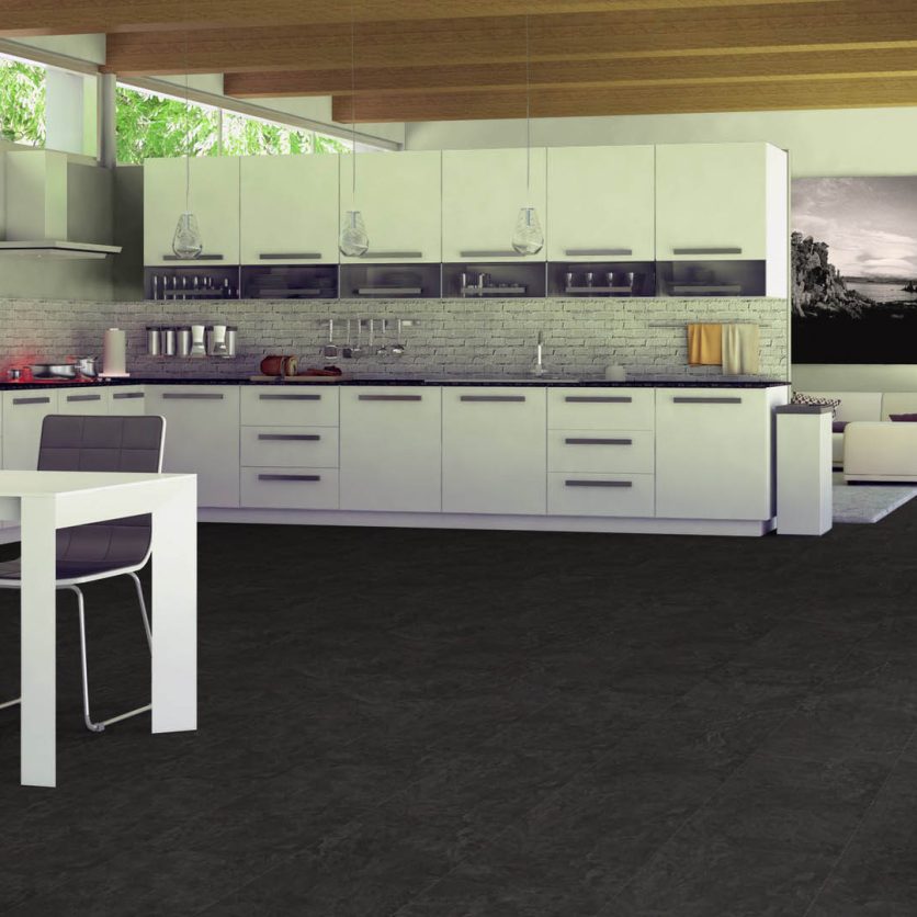 Pro-Tek™ Editions Tiles Charcoal Slate Luxury Vinyl Click Flooring Installed in a Kitchen