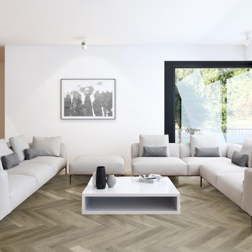 Pro-Tek™ Editions Herringbone Longleat Ash Luxury Vinyl Click Flooring Installed in a Living Room