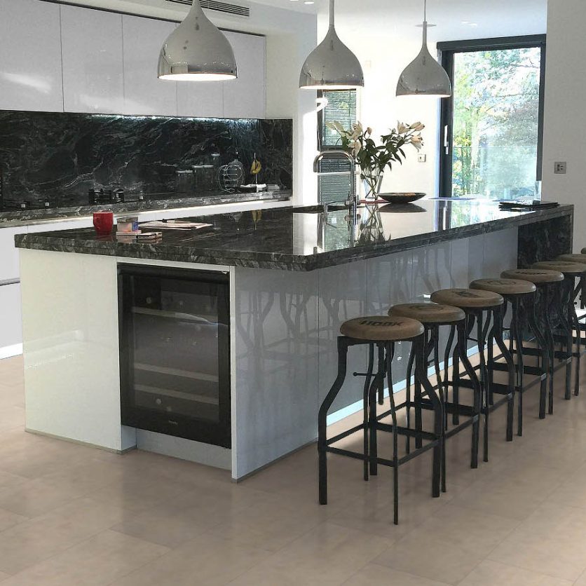 Pro-Tek™ Editions Tiles Ivory Travertine Luxury Vinyl Click Flooring in a Modern Dining Room